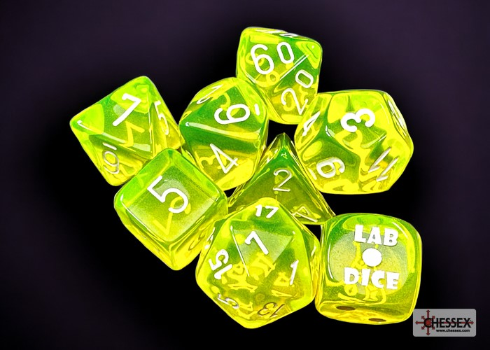 Chessex - Lab Dice Translucent Neon Yellow/white Polyhedral 7-Dice Set (with bonus die) | Elderwoods