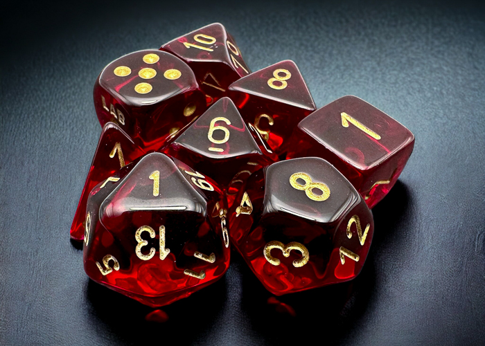 Chessex - Lab Dice Translucent Crimson/gold Polyhedral 7-Dice Set (with bonus die) | Elderwoods