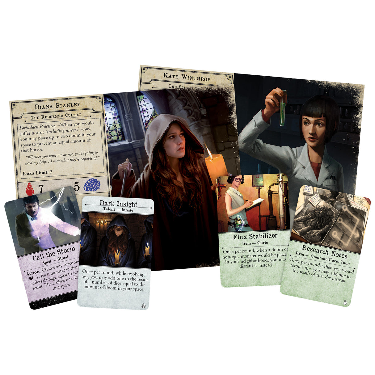 Arkham Horror: The Dead of Night board game components and cards
