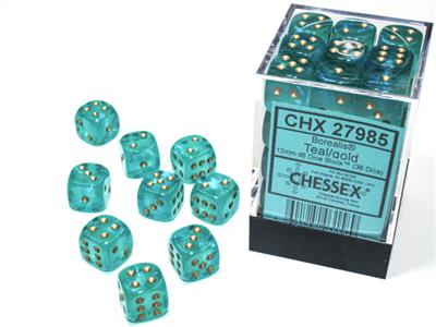 Chessex - Borealis 12mm d6 Teal/gold luminary dice block (36 dice)