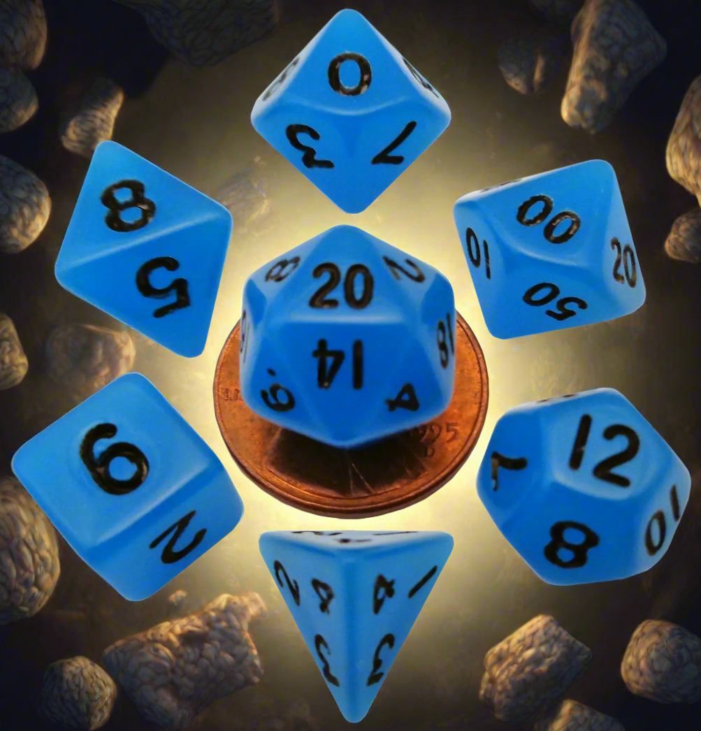 7 count Mini Poly Dice Glow Blue with Black Numbers