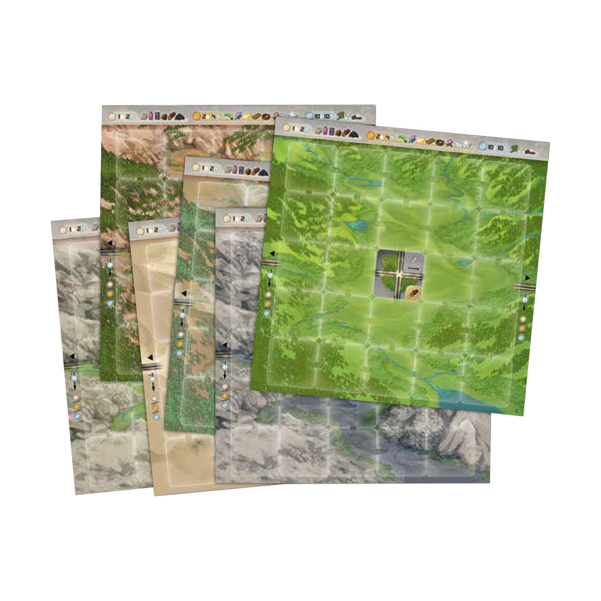 Neom player boards showing city development and resource management