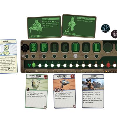 Fallout gameplay setup with quest cards