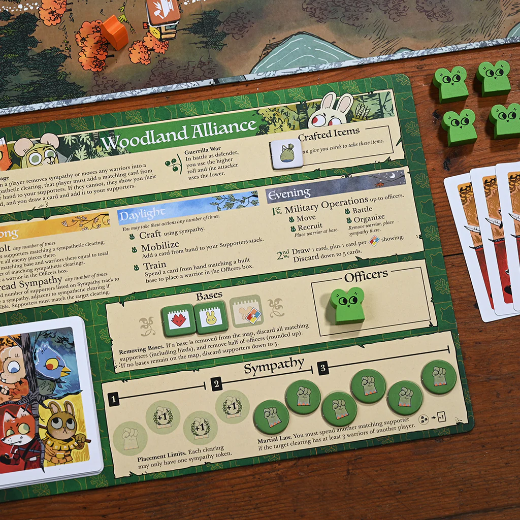 Root A Game of Woodland Might and Right detailed game components with cards and player boards