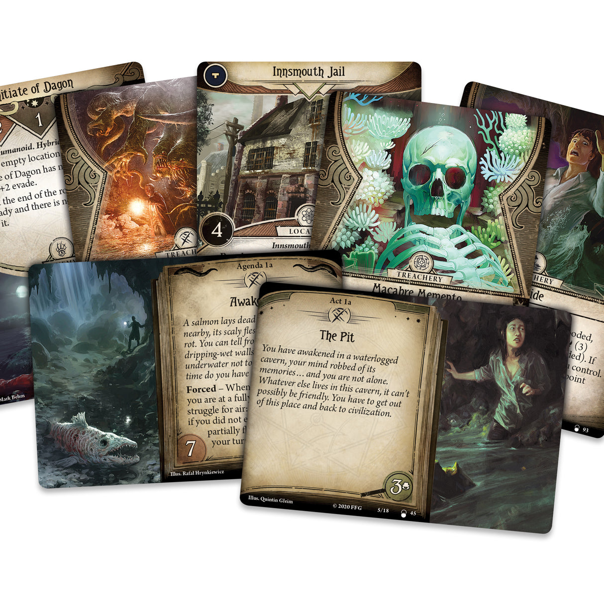 Arkham Horror: TCG - The Innsmouth Conspiracy detailed game pieces and encounter cards