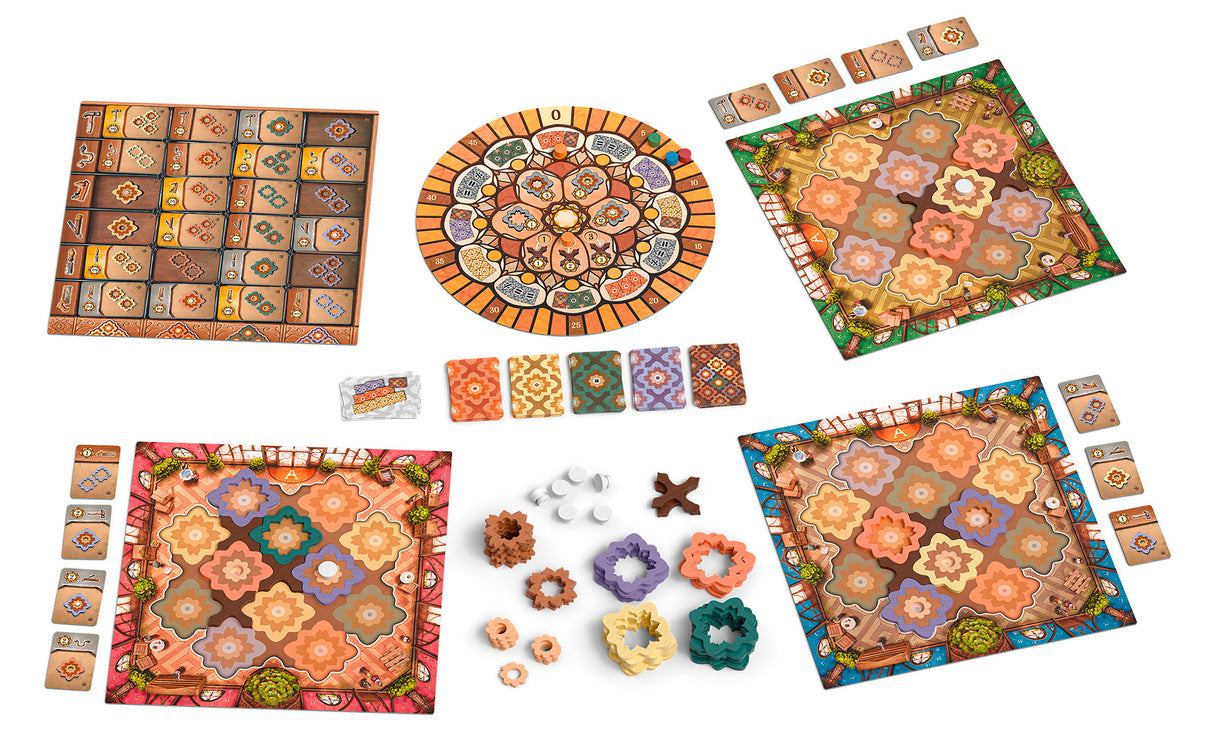 Intarsia game components and pattern tiles