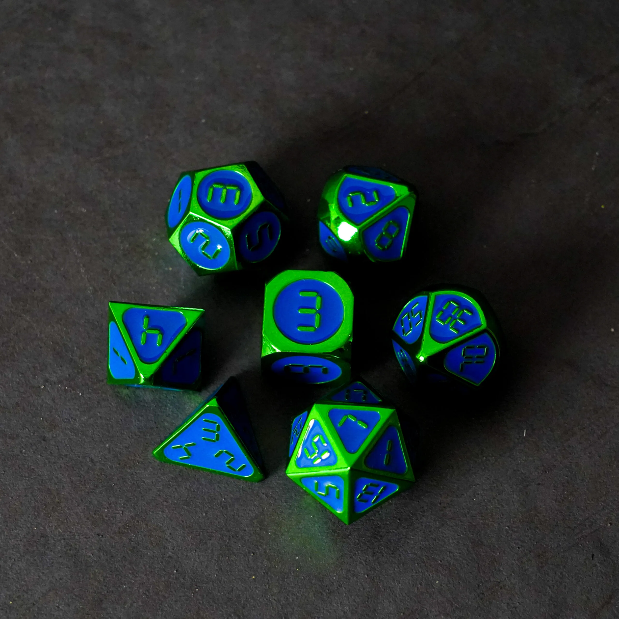 16mm Metal Polyhedral Dice: Green w Blue Enamel full set display