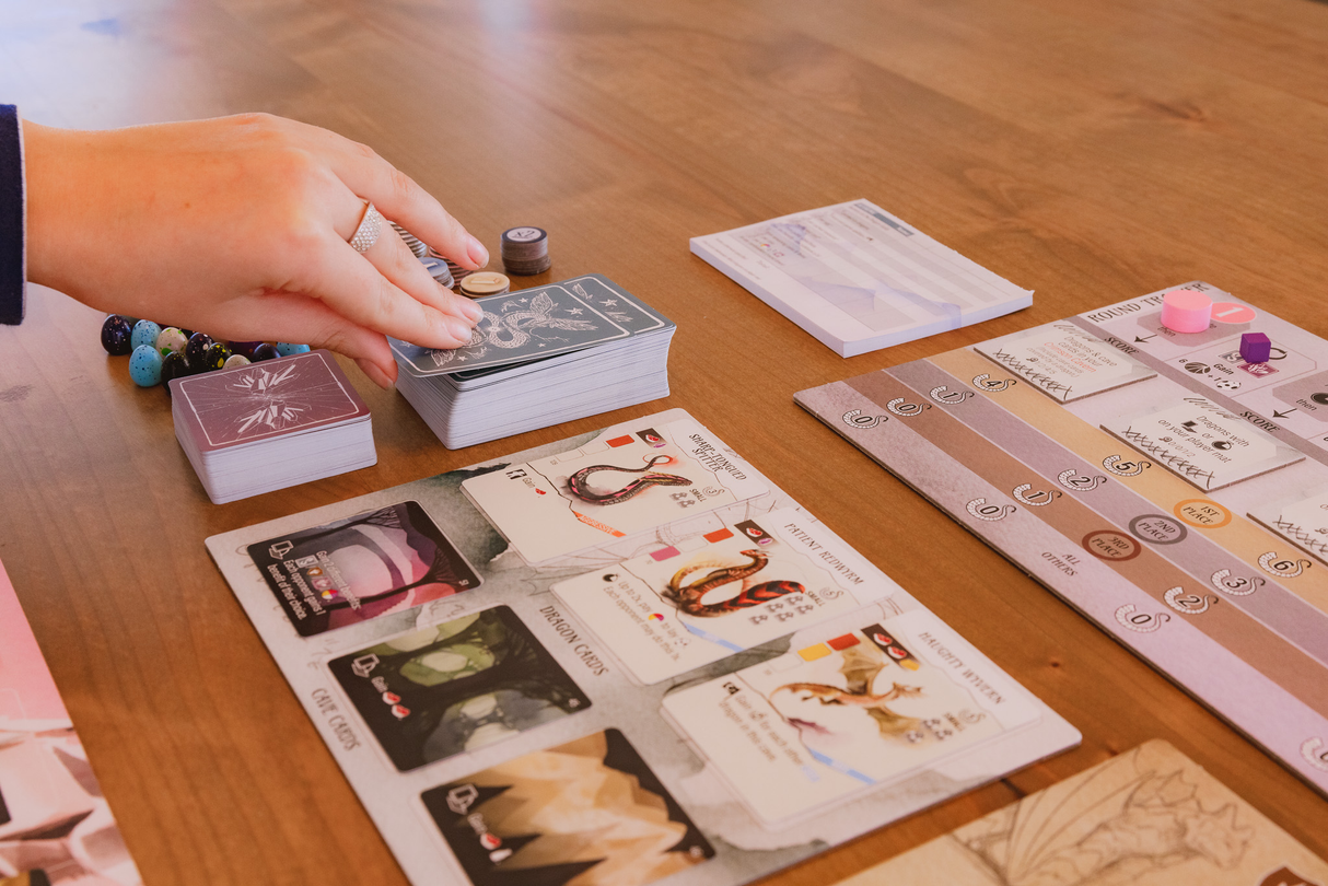 Wyrmspan detailed game pieces and resource tokens