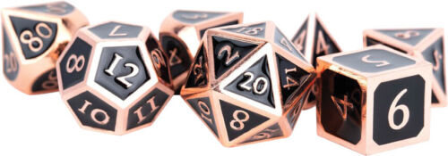 16mm Metal Polyhedral Dice: Antique Copper with black enamel full set display