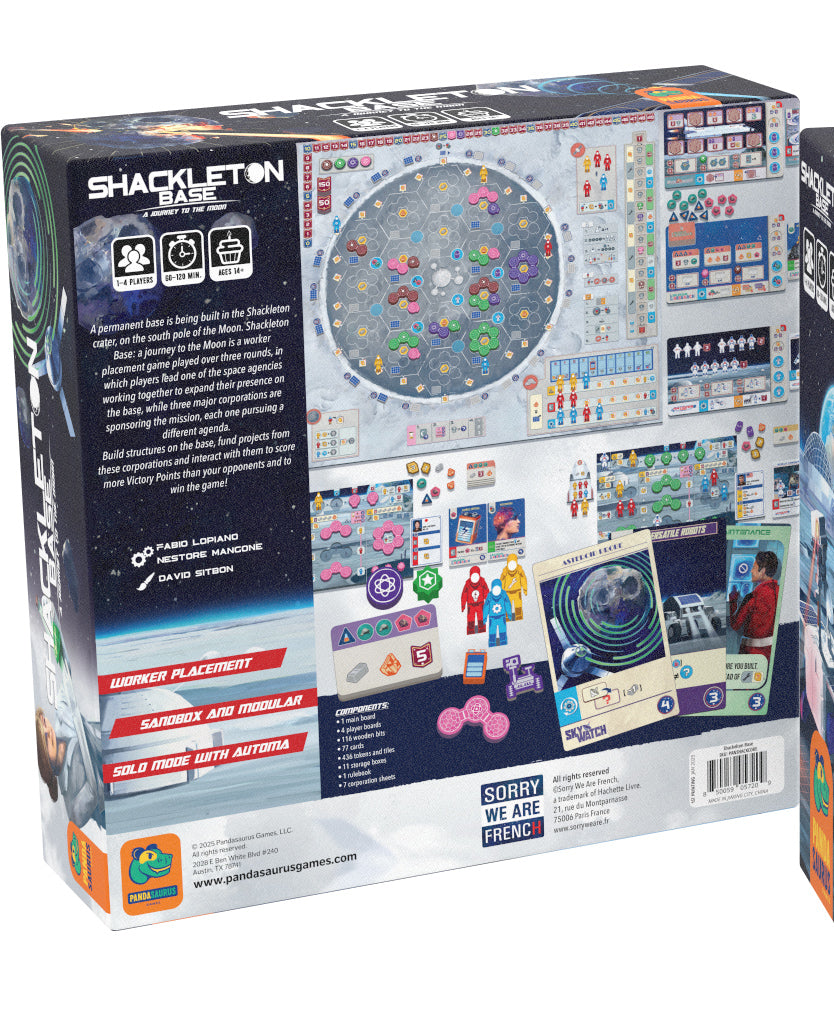 Shackleton Base board game lunar colony components and player boards