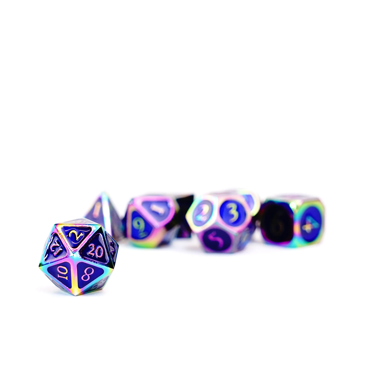16mm Metal Polyhedral Dice: Rainbow with blue enamel