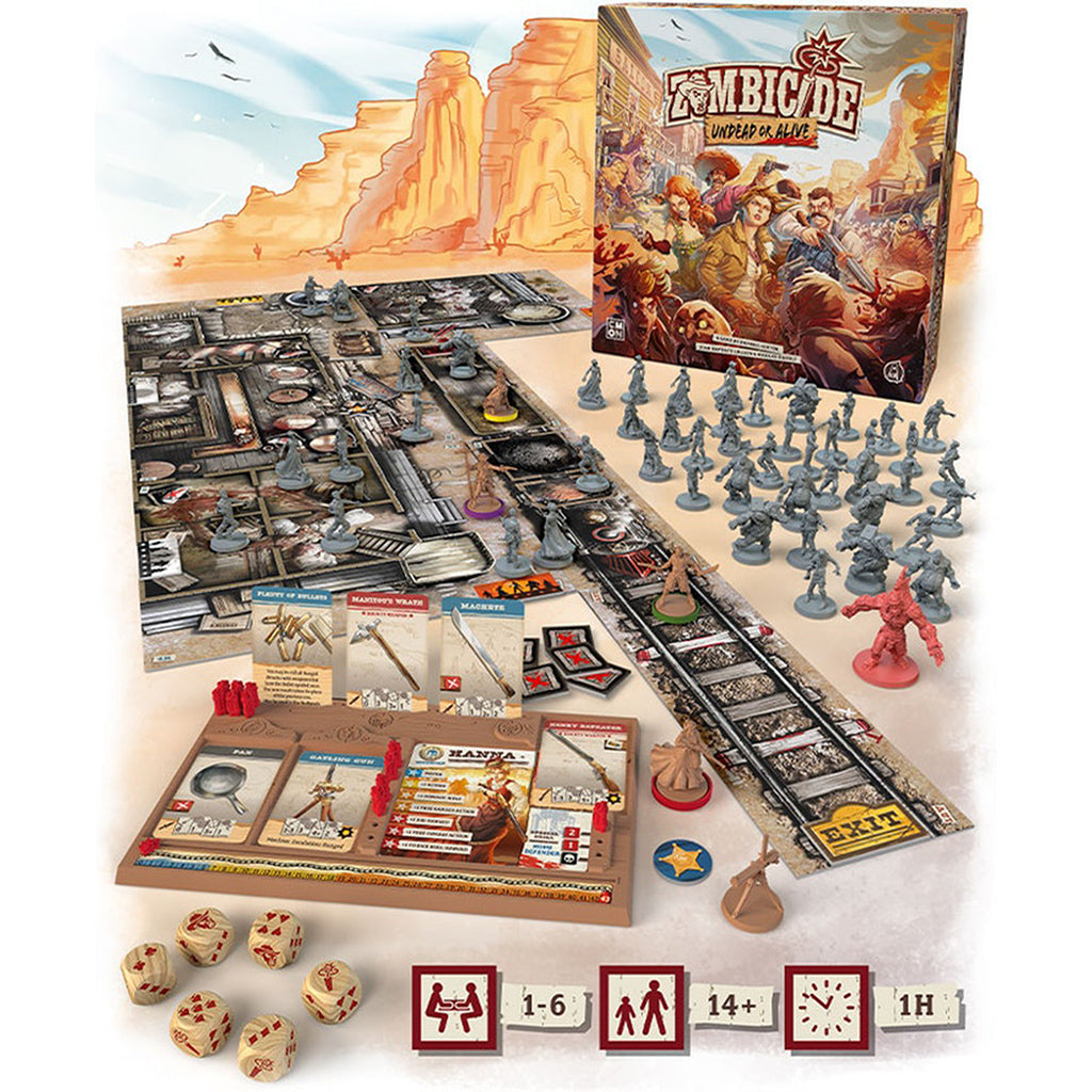 Zombicide: Undead or Alive board game showing western-themed game board and zombie miniatures