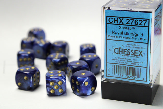 Chessex: Scarab: Royal Blue / Gold 16mm 12d6
