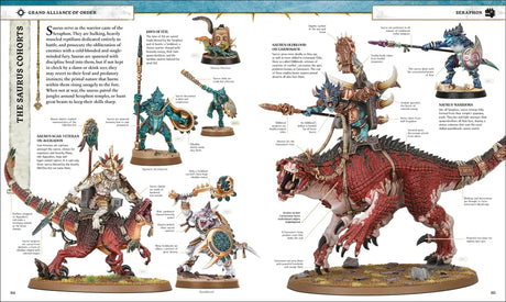 Warhammer Age of Sigmar The Ultimate Guide interior spread showing Seraphon Saurus Cohorts with annotated Saurus Scar-Veteran Oldblood on Carnosaur and Saurus Warriors miniatures