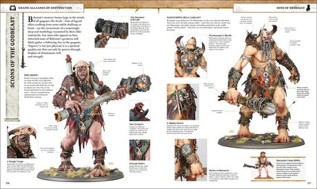 Warhammer Age of Sigmar The Ultimate Guide interior spread showing Sons of Behemat with annotated King Brodd Warstomper Mega-Gargant and Marauder Giant miniatures