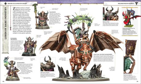 Warhammer Age of Sigmar The Ultimate Guide interior spread showing Chaos Grand Alliance Helsmiths of Hashut with annotated Daemonsmith Zuldrakka and Urar Taar the First Daemonsmith miniatures