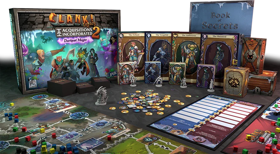  Clank: Legacy - Acquisitions Incorporated 2 - Darkest Magic board game components and game board