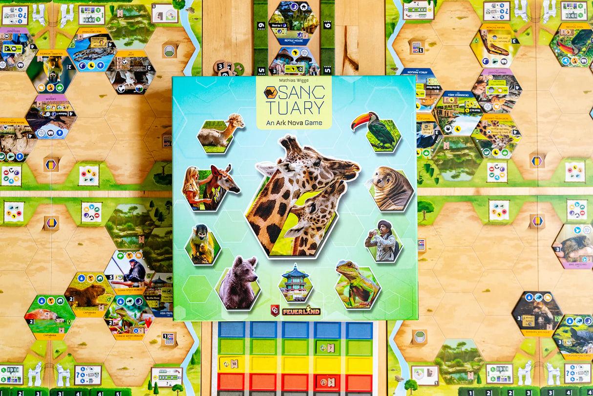 Board game with a 'Sanctuary' theme featuring animals and hexagonal tiles.