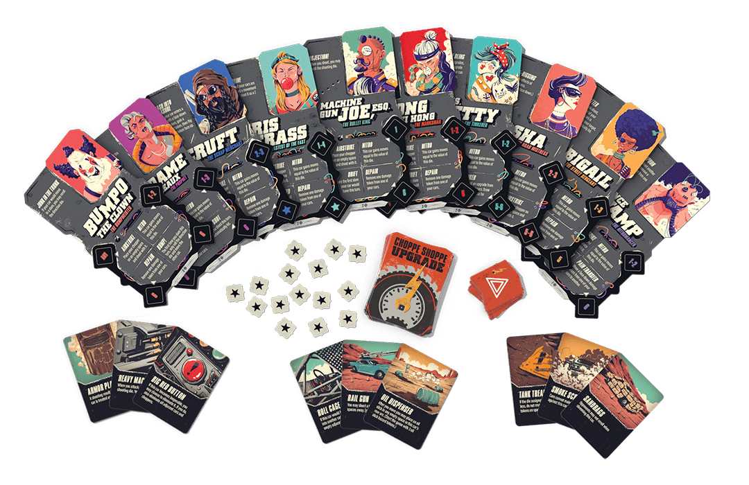 Thunder Road: Vendetta - Choppe Shoppe Expansion game contents including road boards, tokens, and cards
