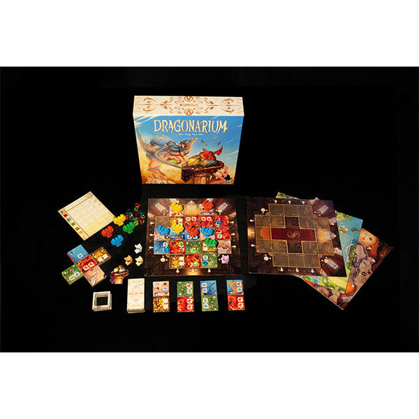 Dragonarium board game wooden dragon meeples stacked on 3D layered domains