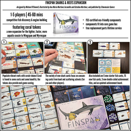 Finspan: Sharks & Reefs board game components and card detail