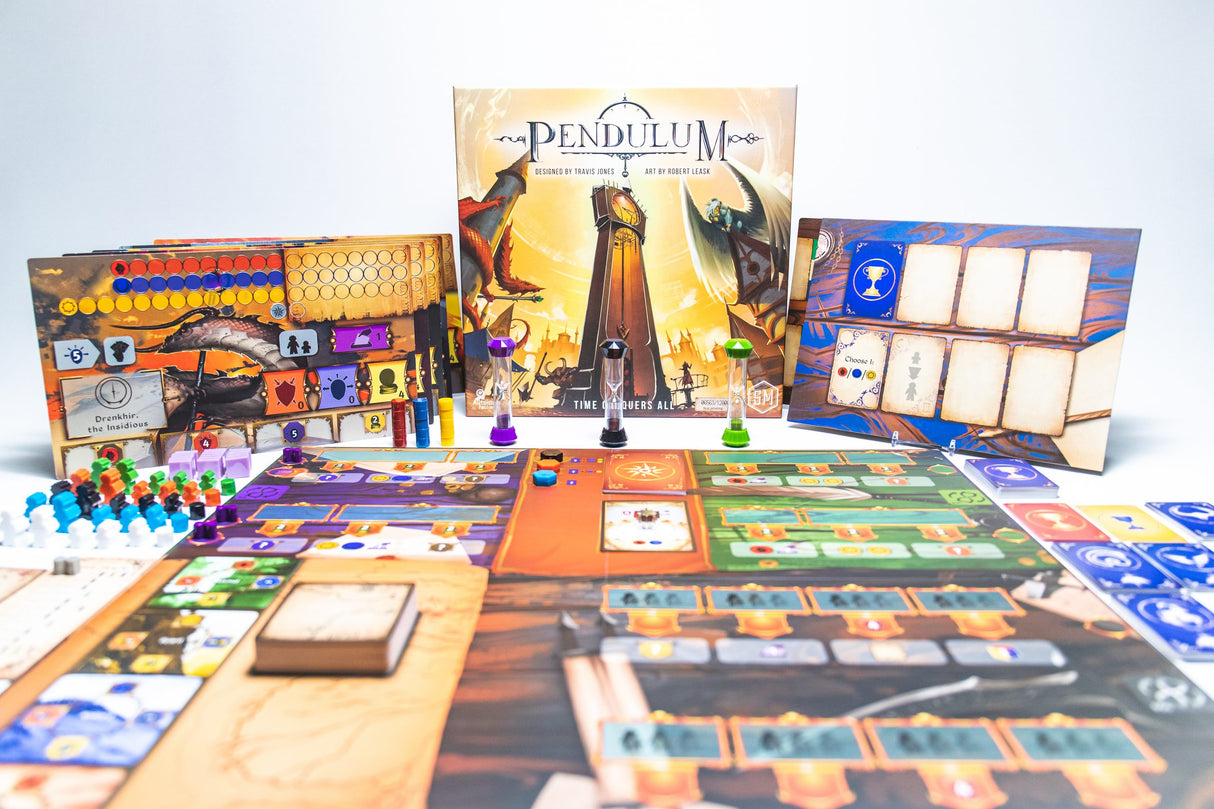 Pendulum game components including real-time worker placement and sand timers