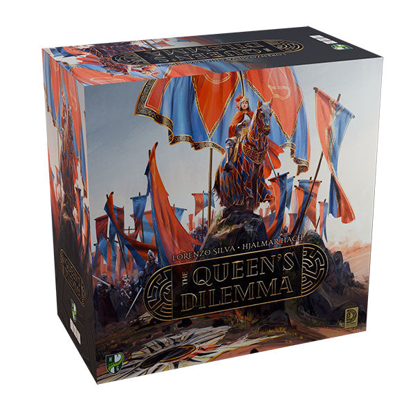 Board game box for 'Queen's Dilemma' with a warrior design on a white background