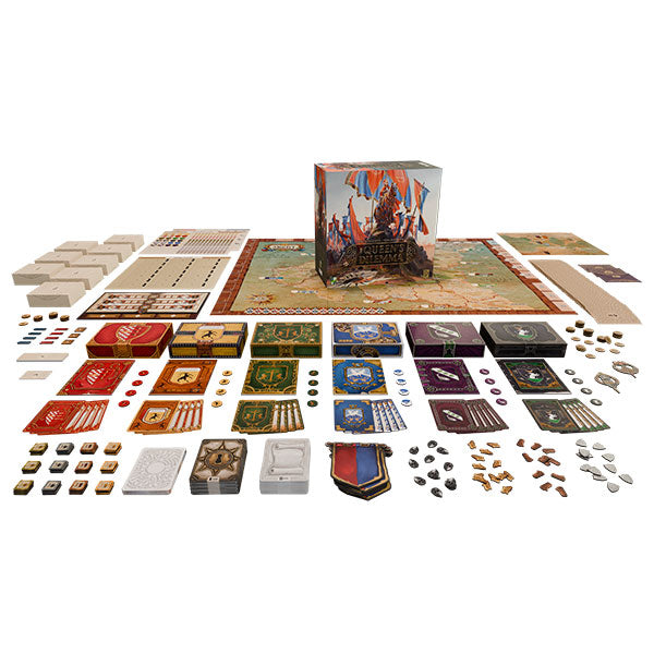 Board game components including a board, pieces, and cards on a white background