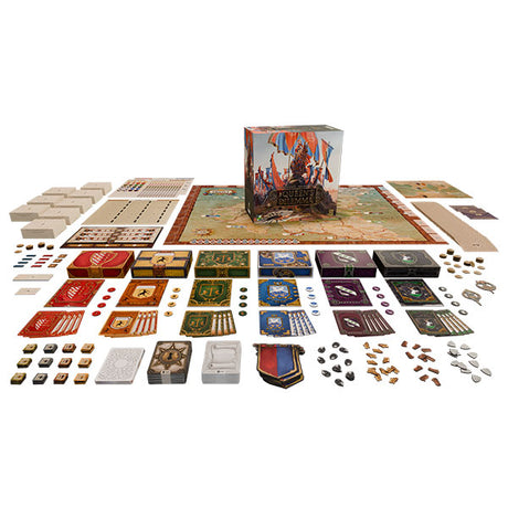 Board game components including a board, pieces, and cards on a white background