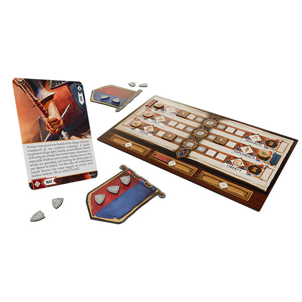 Board game components including a board, cards, and pieces on a white background