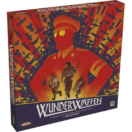 Board game box for 'Wunderwaffen' with soldiers and weapons on a red background