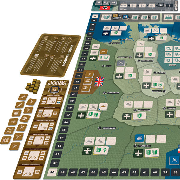 Board game components including a map, cards, and pieces on a white background