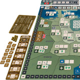 Board game components including a map, cards, and pieces on a white background