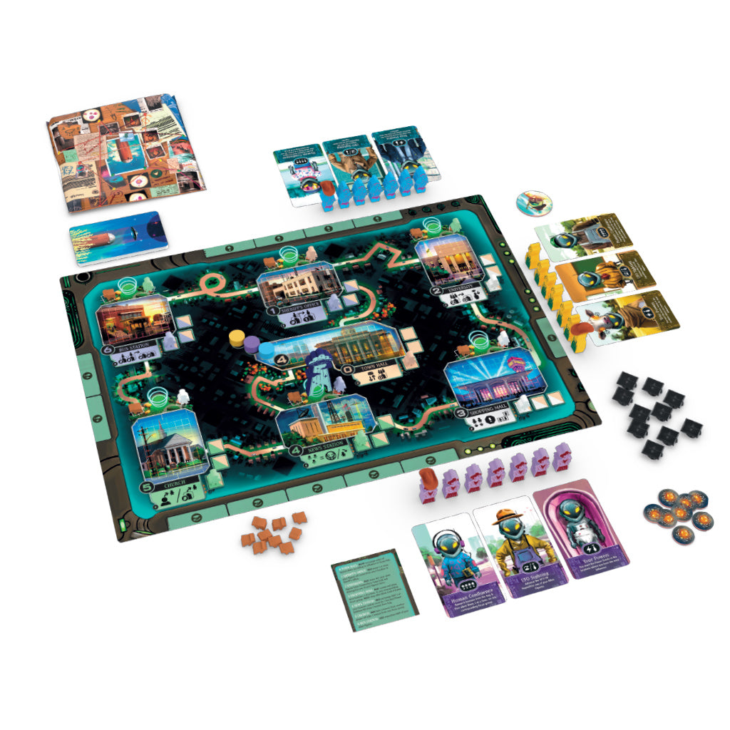 SILOS board game components and game board layout