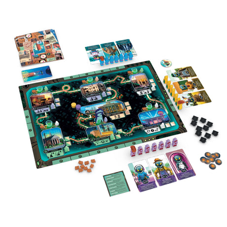 SILOS board game components and game board layout