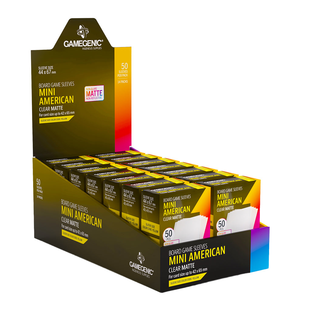 Board Game Sleeves Mini American Clear Matte 44x67mm sleeve packaging and contents
