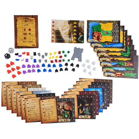 Tiny Epic Kingdoms Retail Base board game components including faction cards and meeples