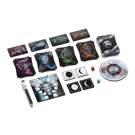 Lunar board game detailed view of game cards and moon phase tokens