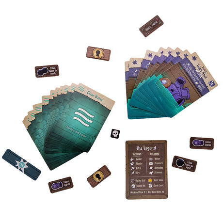 We're Sinking board game treasure cards and enemy dice components