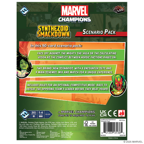 Marvel Champions: The Card Game - Synthezoid Smackdown Scenario Pack board game featuring character abilities and scenario details