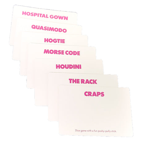 Monikers board game fanned prompt cards showing Hospital Gown Quasimodo Hogtie Morse Code Houdini The Rack and Craps