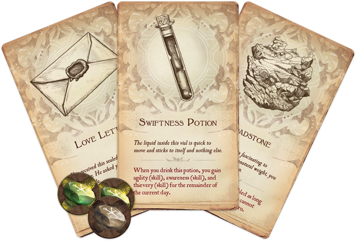 Legacy of Dragonholt character cards and skill tokens