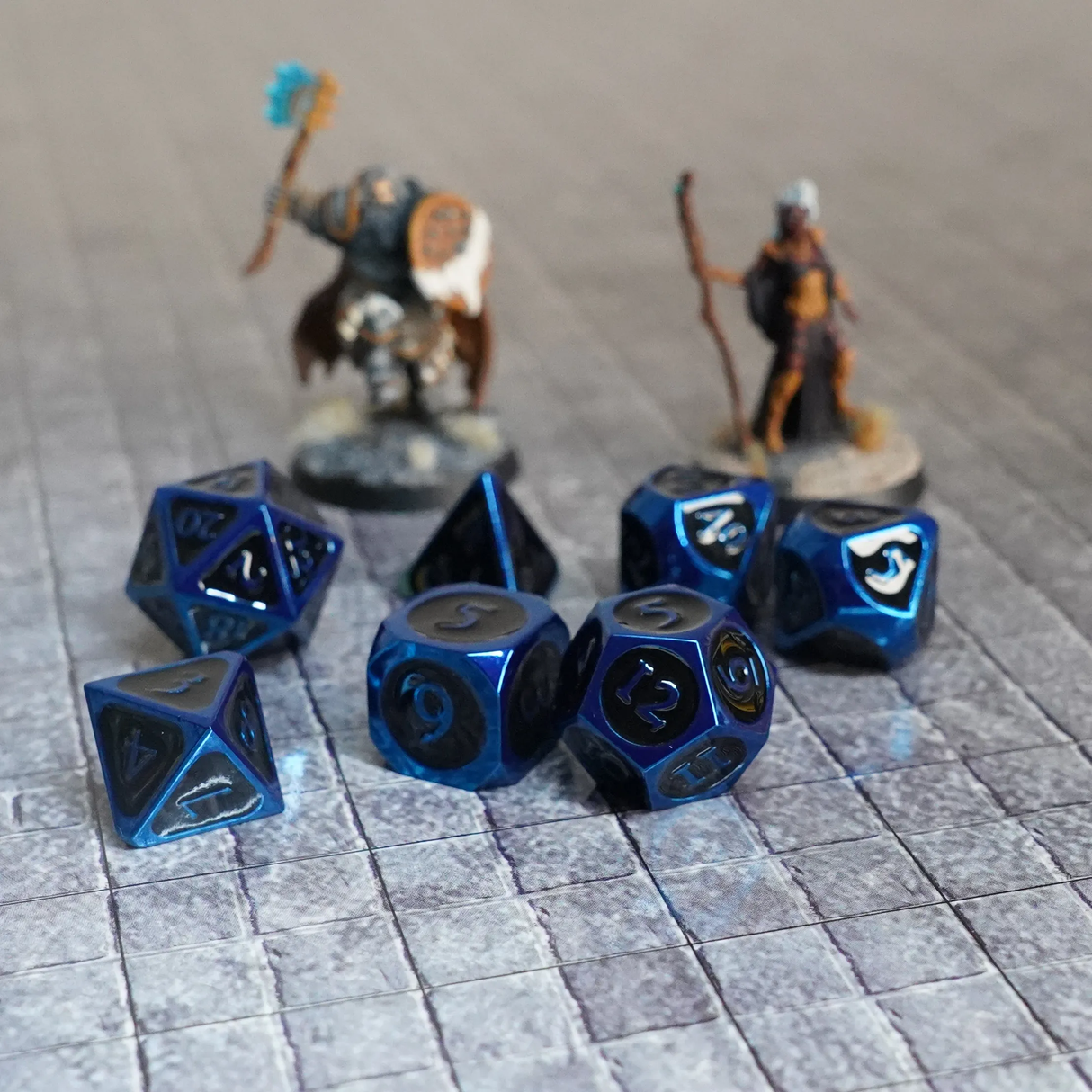 16mm Metal Polyhedral Dice: Blue with black enamel