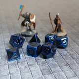 16mm Metal Polyhedral Dice: Blue with black enamel