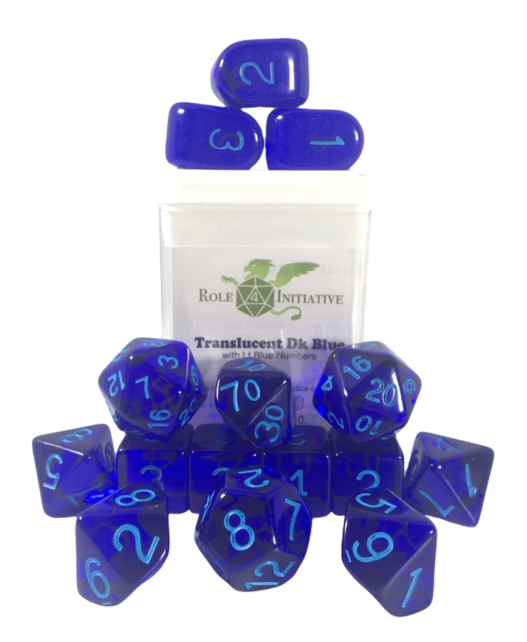 Polyhedral Dice: Translucent Dark Blue w/ Light Blue Numbers - Set of 15