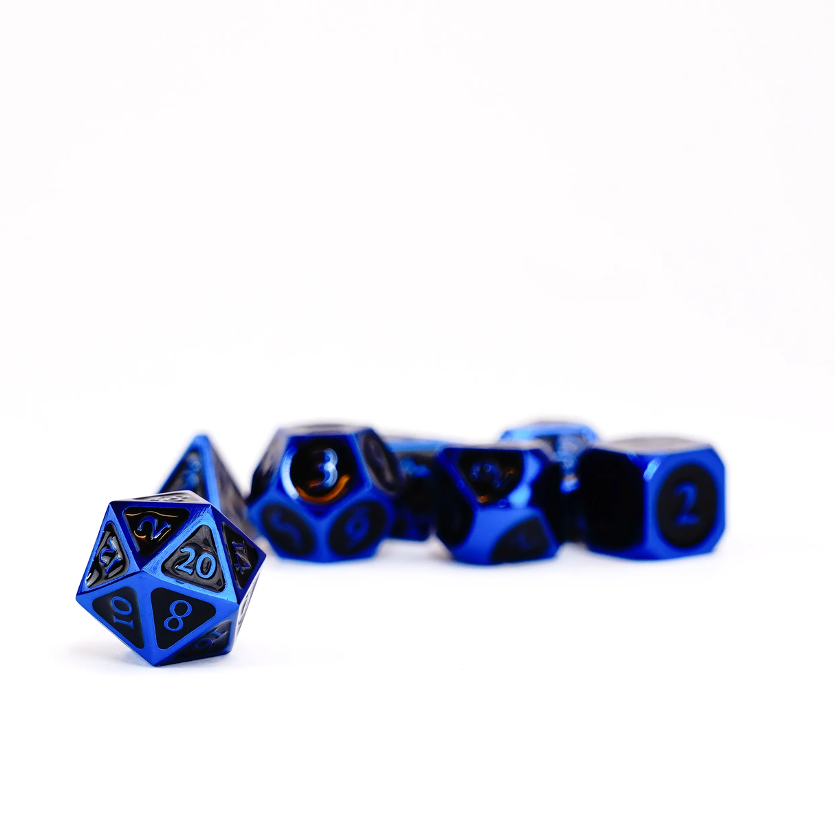 16mm Metal Polyhedral Dice: Blue with black enamel