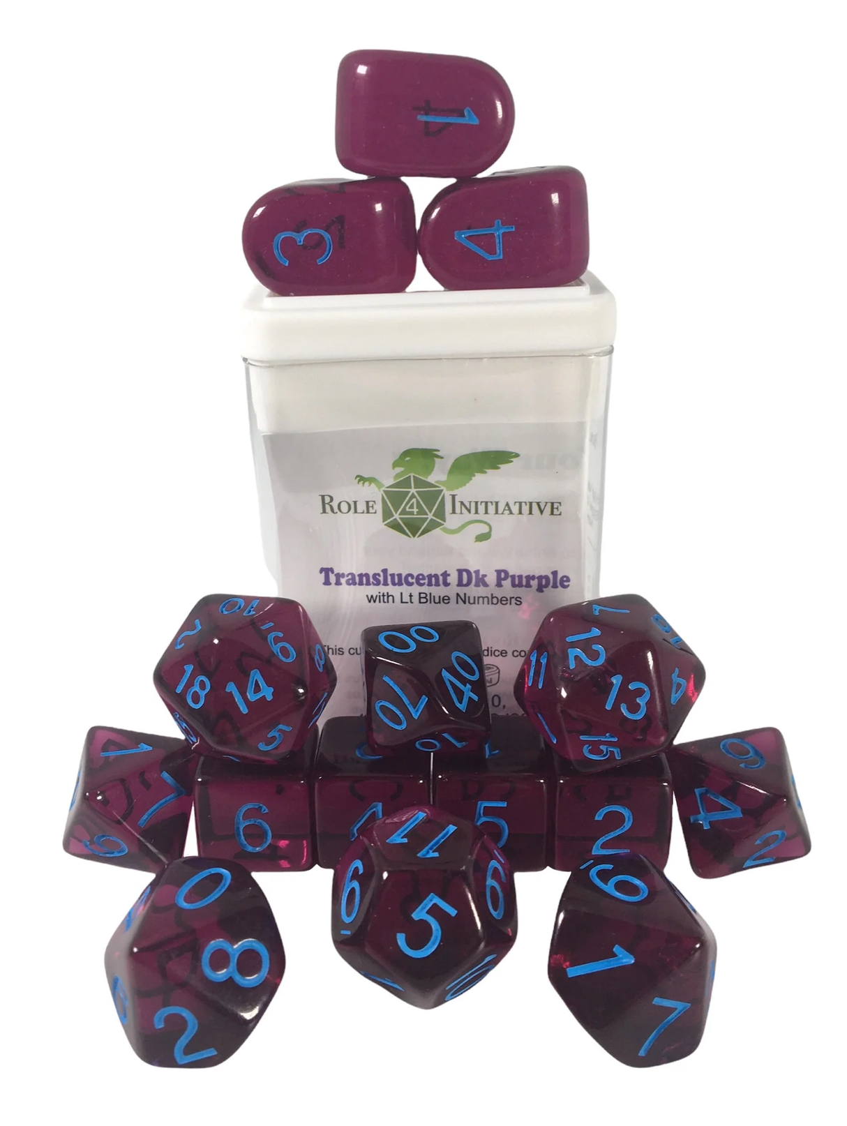 Polyhedral Dice: Translucent Dark Purple w/ Light Blue Numbers - Set of 15
