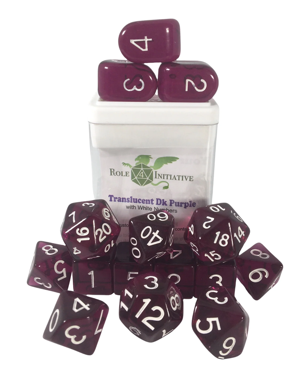 Polyhedral Dice: Translucent Dark Purple w/ White Numbers - Set of 15