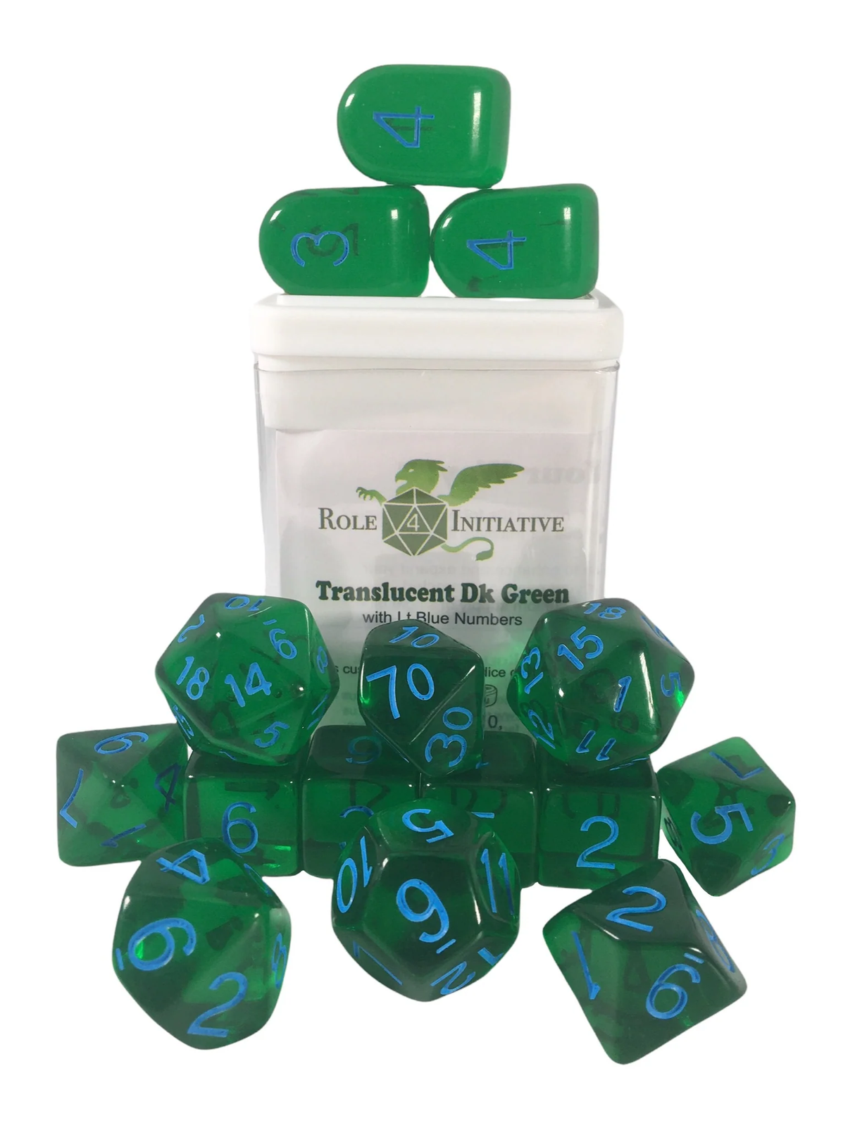 Polyhedral Dice: Translucent Dark Green w/ Light Blue Numbers - Set of 15
