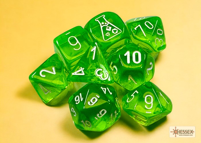 Chessex - Lab Dice Translucent Rad Green/white Polyhedral 7-Dice Set (with bonus die)